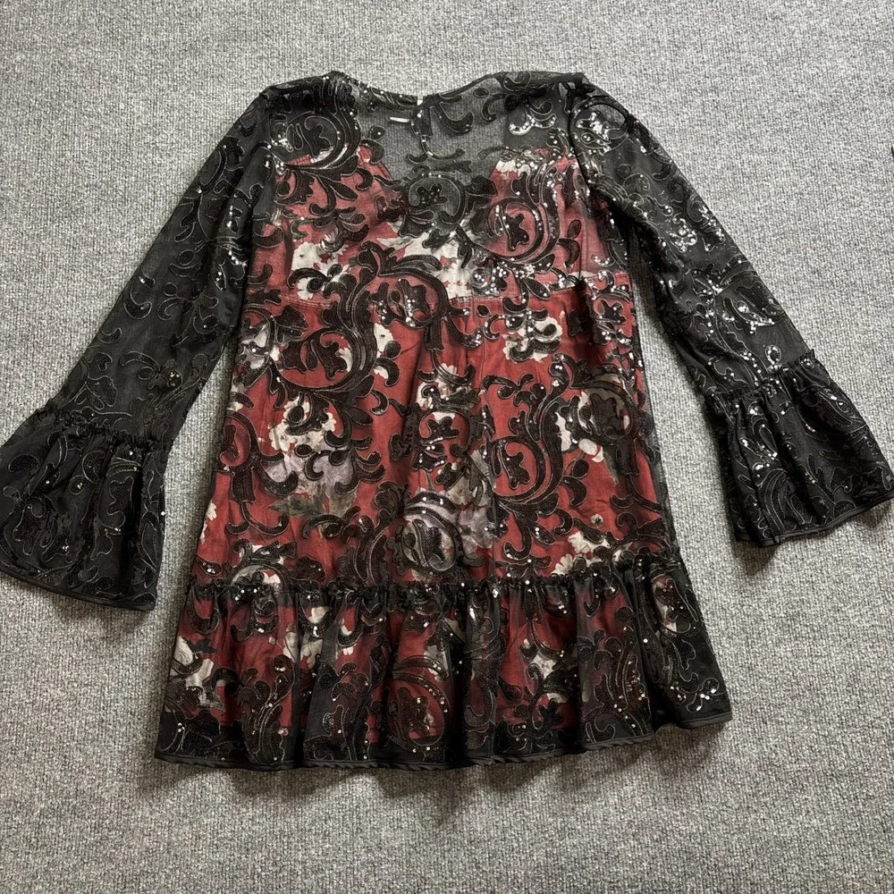 Free People Falling Flowers Frock Mini Dress Red Black Sequins Oversized Size XS